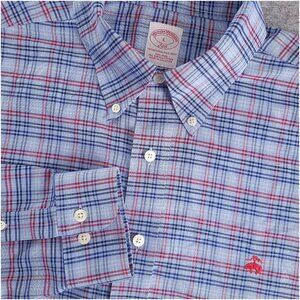 BROOKS BROTHERS 346 Mens Large Blue Red Check Non-Iron Supima Cotton Shirt
